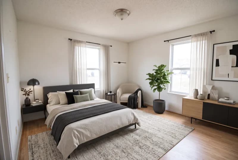 AI-generated sample redesign: Same empty room virtually staged as a modern bedroom