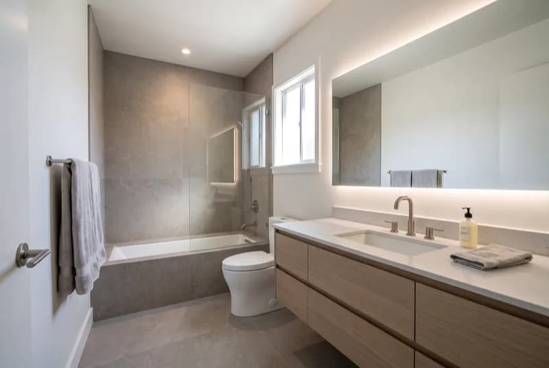 AI-generated sample redesign: Same bathroom redesigned in minimalist style: large-format stone tile, floating vanity and glass shower