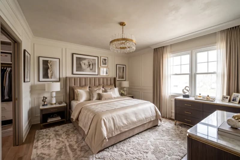 AI-generated sample redesign: Same bedroom redesigned in luxury style: upholstered headboard, wall paneling and crystal chandelier