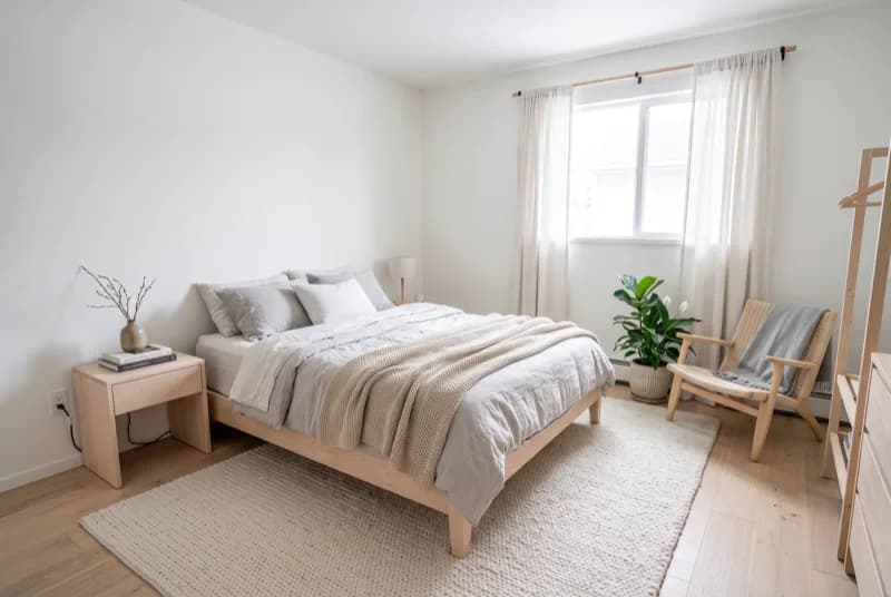 AI-generated sample redesign: Same bedroom redesigned in Scandinavian style: birch bed, soft wool textiles and light wood floor