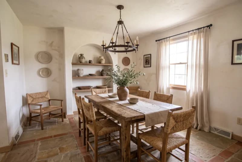 AI-generated sample redesign: Same dining room redesigned in Mediterranean style: limewashed walls, terracotta floor and rustic wood table