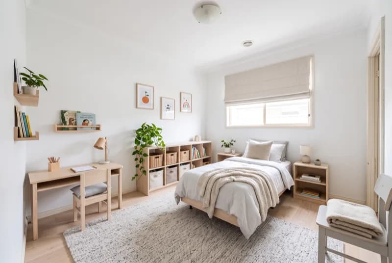 AI-generated sample redesign: Same kids room redesigned in Scandinavian style: pale wood furniture, open shelving and soft rug