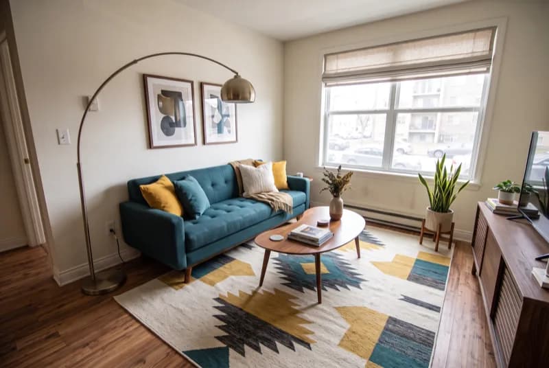 AI-generated sample redesign: Same living room redesigned in mid-century modern style: teal tufted sofa, walnut furniture and arc lamp