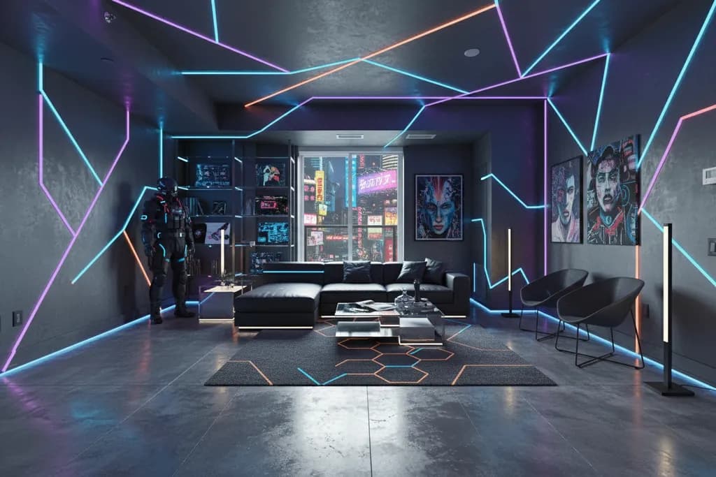 Sample living room redesign in Cyberpunk style